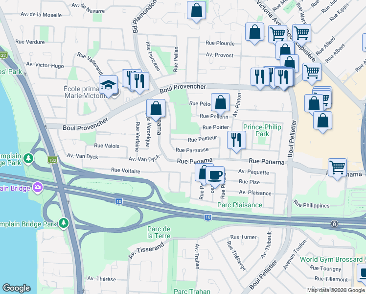 map of restaurants, bars, coffee shops, grocery stores, and more near 1050 Rue Parnasse in Brossard