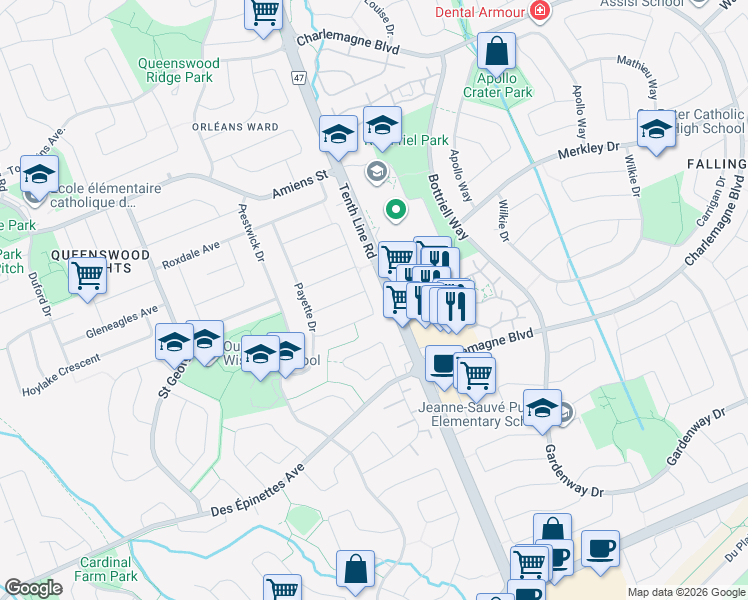 map of restaurants, bars, coffee shops, grocery stores, and more near 427 Phoenix Crescent in Ottawa