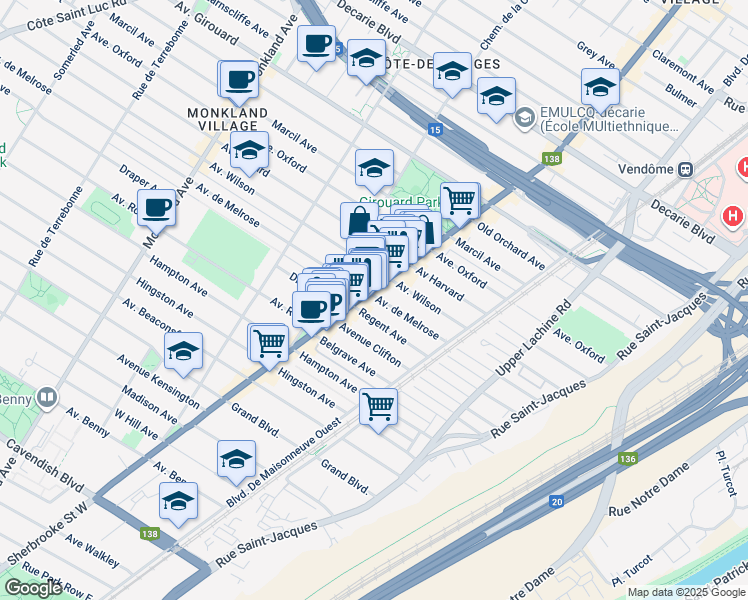 map of restaurants, bars, coffee shops, grocery stores, and more near 2376 Avenue de Melrose in Montréal