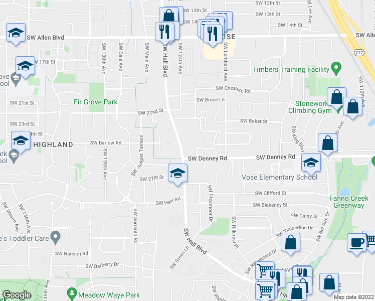 map of restaurants, bars, coffee shops, grocery stores, and more near 12255 Southwest Denney Road in Beaverton