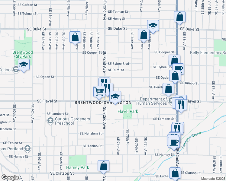 map of restaurants, bars, coffee shops, grocery stores, and more near 7406 Southeast Henderson Street in Portland