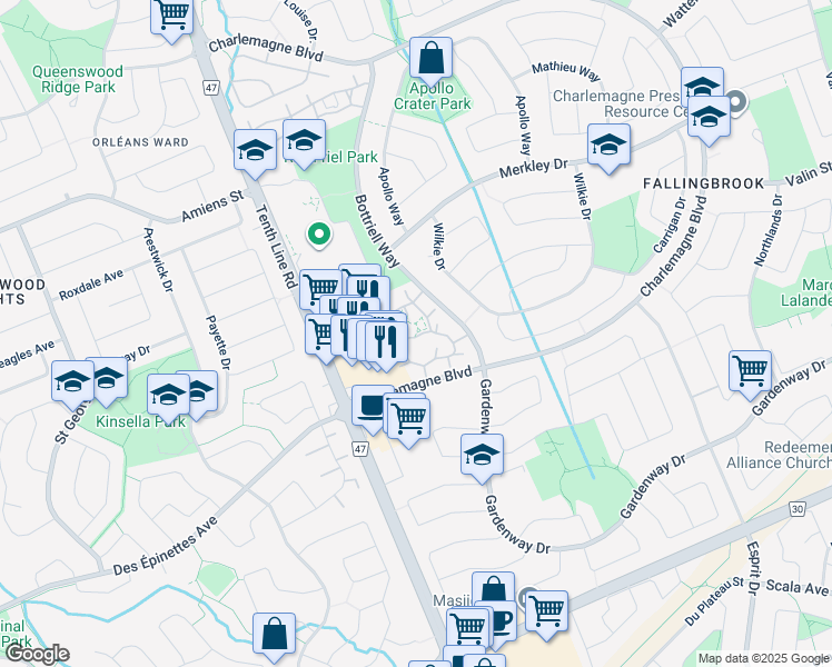 map of restaurants, bars, coffee shops, grocery stores, and more near 1810 Marsala Crescent in Ottawa
