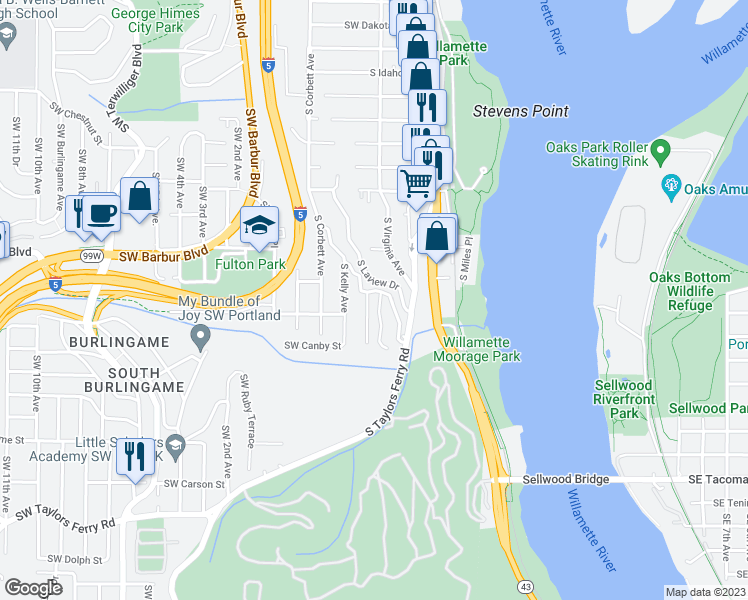 map of restaurants, bars, coffee shops, grocery stores, and more near 7543 Southwest Fulton Park Boulevard in Portland
