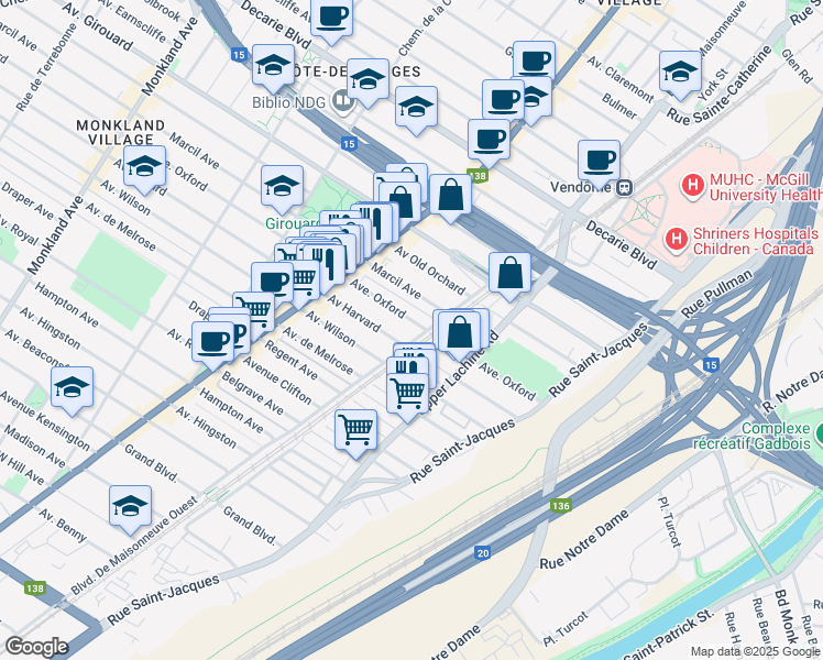 map of restaurants, bars, coffee shops, grocery stores, and more near 2150 Avenue d'Oxford in Montréal