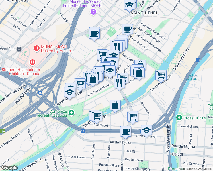 map of restaurants, bars, coffee shops, grocery stores, and more near 5045 Rue Sainte Marie in Montreal