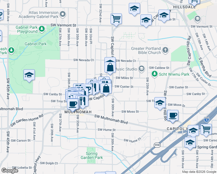 map of restaurants, bars, coffee shops, grocery stores, and more near 7574 Southwest 31st Avenue in Portland