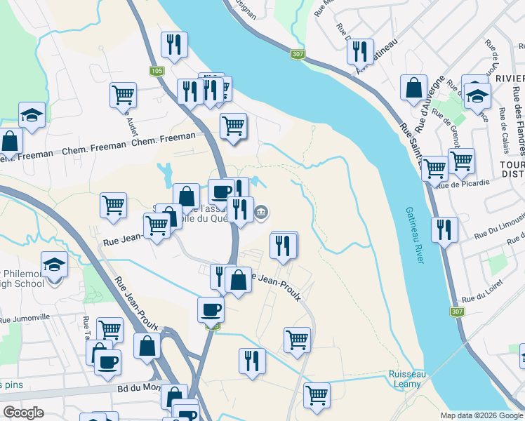 map of restaurants, bars, coffee shops, grocery stores, and more near 1040 Boulevard Saint-Joseph in Gatineau