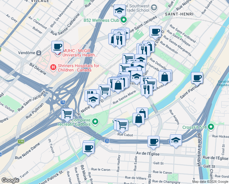 map of restaurants, bars, coffee shops, grocery stores, and more near 5157 Rue Notre-Dame Ouest in Montréal