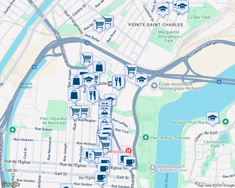 map of restaurants, bars, coffee shops, grocery stores, and more near 3367 Rue Wellington in Montréal