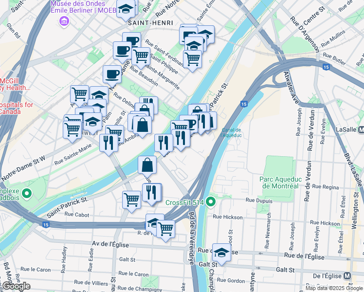 map of restaurants, bars, coffee shops, grocery stores, and more near 3826 Rue Saint-Patrick in Montréal