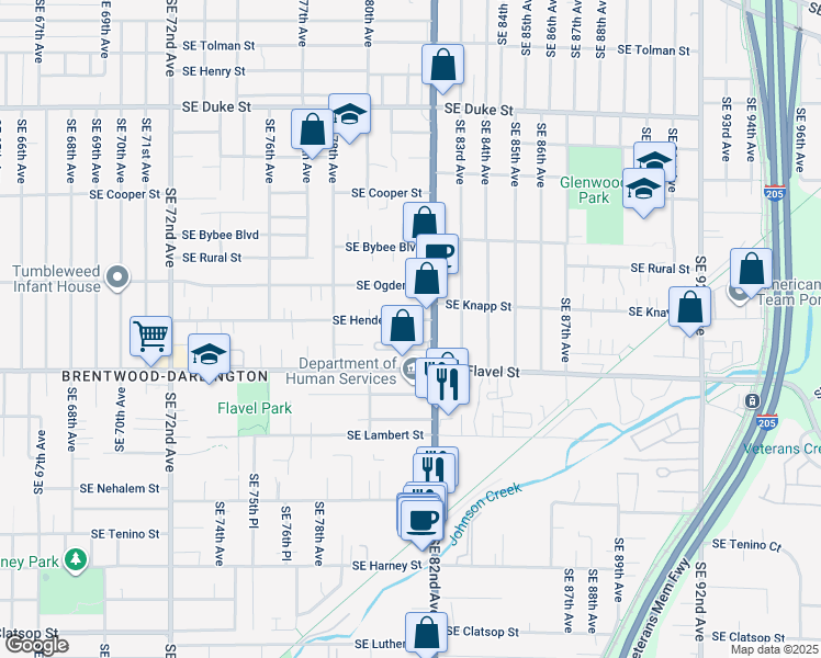 map of restaurants, bars, coffee shops, grocery stores, and more near 7451 Southeast 82nd Avenue in Portland