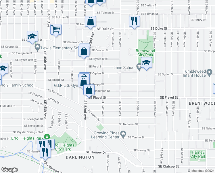 map of restaurants, bars, coffee shops, grocery stores, and more near 5415 Southeast Henderson Street in Portland