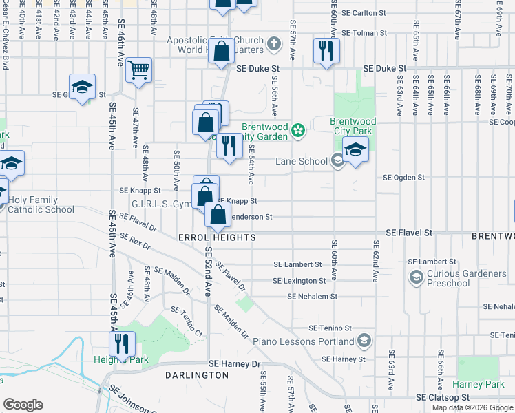 map of restaurants, bars, coffee shops, grocery stores, and more near 5415 Southeast Henderson Street in Portland