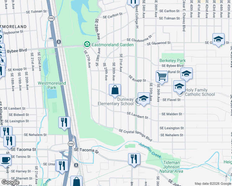 map of restaurants, bars, coffee shops, grocery stores, and more near 2930 Southeast Rex Street in Portland