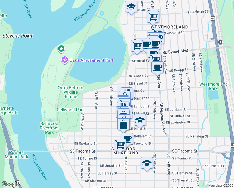 map of restaurants, bars, coffee shops, grocery stores, and more near 1221 Southeast Malden Street in Portland