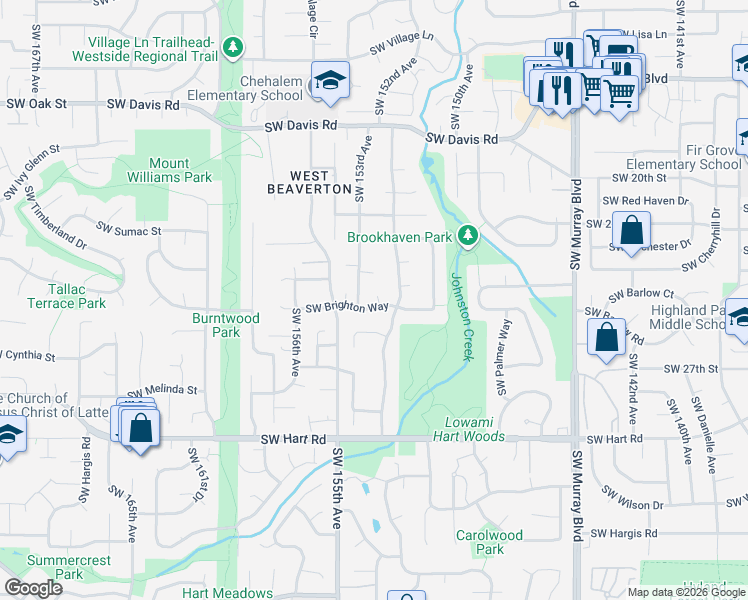 map of restaurants, bars, coffee shops, grocery stores, and more near 15275 Southwest Brighton Way in Beaverton