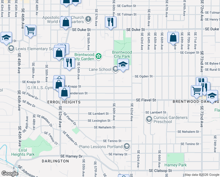 map of restaurants, bars, coffee shops, grocery stores, and more near 5916 Southeast Knapp Street in Portland