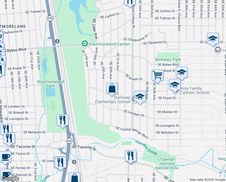 map of restaurants, bars, coffee shops, grocery stores, and more near 2930 Southeast Rex Street in Portland