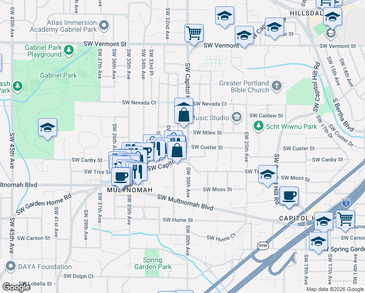 map of restaurants, bars, coffee shops, grocery stores, and more near 7665 Southwest 30th Drive in Portland