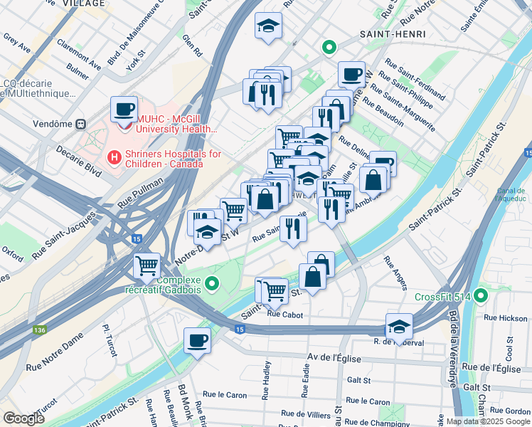 map of restaurants, bars, coffee shops, grocery stores, and more near 5093 Rue Notre-Dame Ouest in Montréal