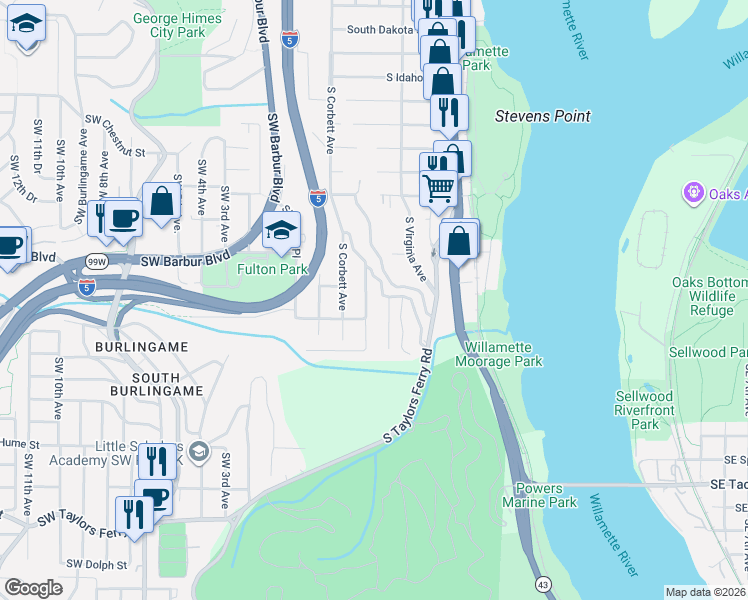 map of restaurants, bars, coffee shops, grocery stores, and more near 7528 South Kelly Avenue in Portland