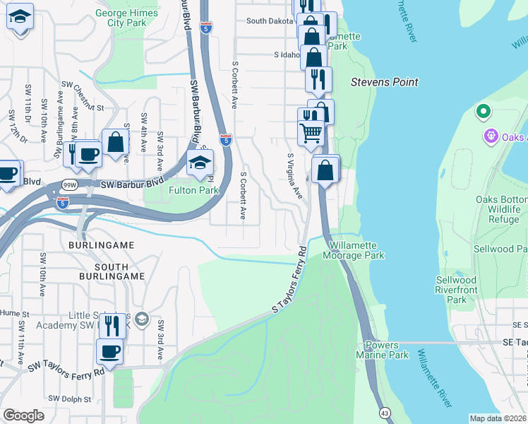 map of restaurants, bars, coffee shops, grocery stores, and more near 7528 South Kelly Avenue in Portland