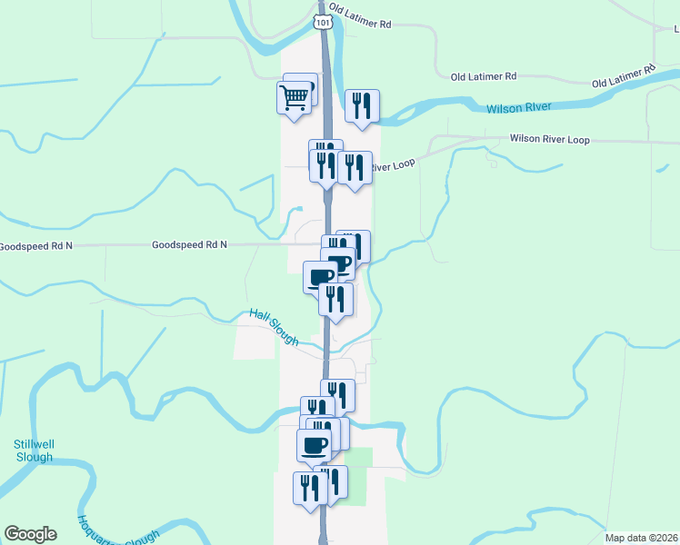 map of restaurants, bars, coffee shops, grocery stores, and more near 1865 Main Avenue North in Tillamook