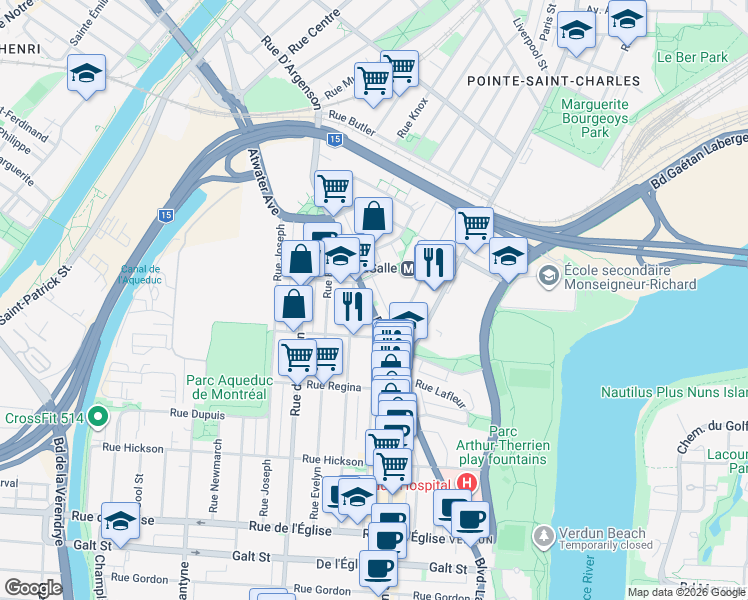 map of restaurants, bars, coffee shops, grocery stores, and more near 3386 Boulevard LaSalle in Montréal