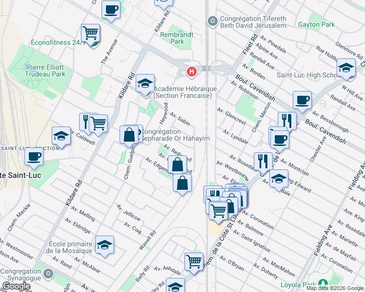 map of restaurants, bars, coffee shops, grocery stores, and more near 5610 Avenue Hartwell in Côte Saint-Luc