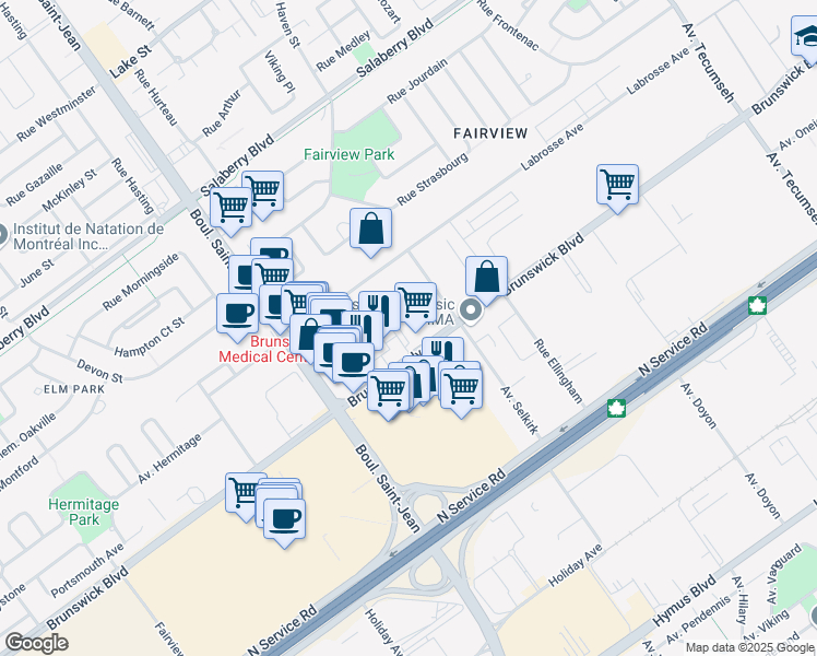 map of restaurants, bars, coffee shops, grocery stores, and more near 243 Avenue Frontenac in Pointe-Claire