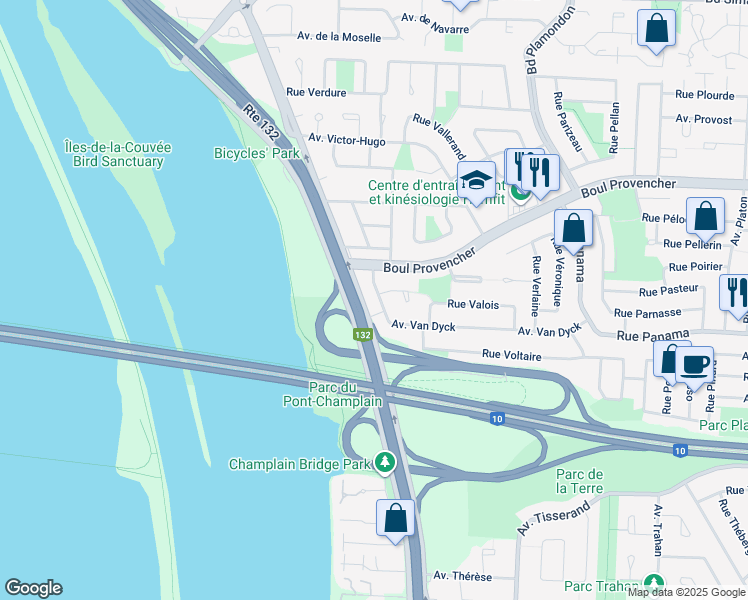 map of restaurants, bars, coffee shops, grocery stores, and more near 409 Avenue Van Dyck in Brossard