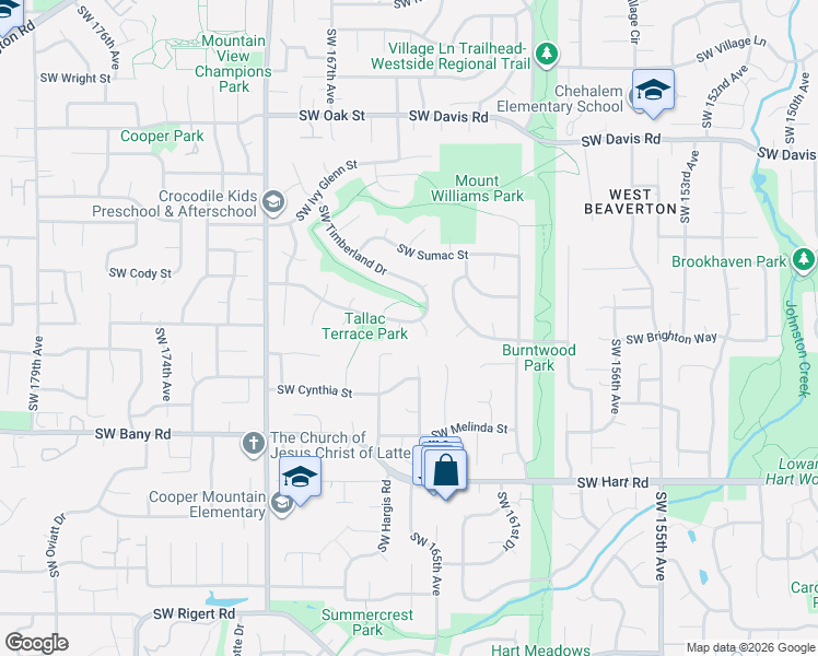 map of restaurants, bars, coffee shops, grocery stores, and more near 16572 Southwest Timberland Drive in Beaverton