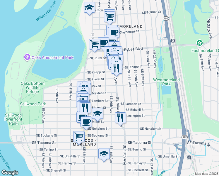 map of restaurants, bars, coffee shops, grocery stores, and more near 1623 Southeast Malden Street in Portland