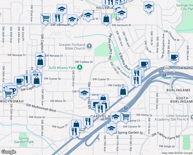 map of restaurants, bars, coffee shops, grocery stores, and more near 2004 Southwest Custer Street in Portland