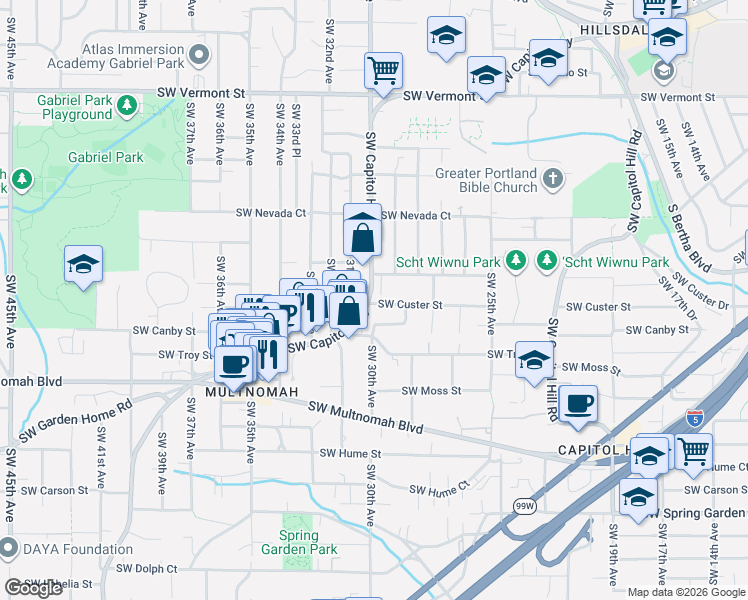 map of restaurants, bars, coffee shops, grocery stores, and more near 7665 Southwest 30th Drive in Portland