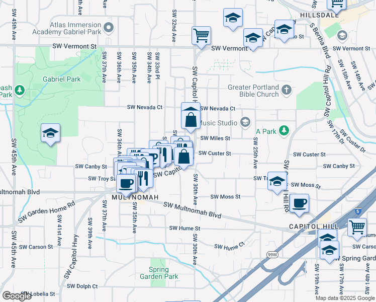 map of restaurants, bars, coffee shops, grocery stores, and more near 7611 Southwest 31st Avenue in Portland