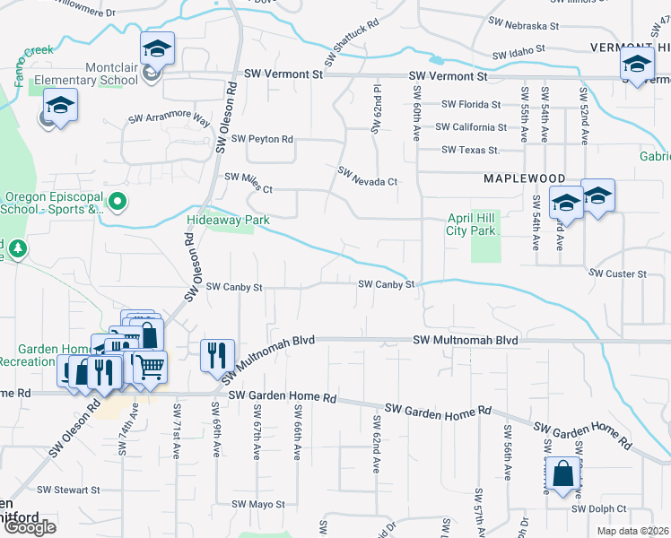 map of restaurants, bars, coffee shops, grocery stores, and more near 6231 Southwest Canby Street in Portland