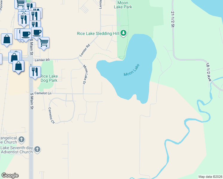 map of restaurants, bars, coffee shops, grocery stores, and more near 2925 Thomas Avenue in Rice Lake