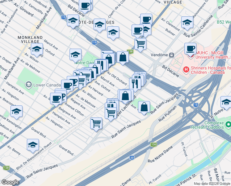 map of restaurants, bars, coffee shops, grocery stores, and more near 2137 Avenue Oxford in Montrã©Al