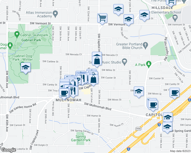 map of restaurants, bars, coffee shops, grocery stores, and more near 7611 Southwest 31st Avenue in Portland