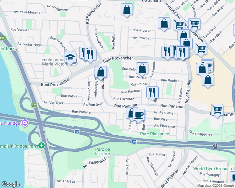 map of restaurants, bars, coffee shops, grocery stores, and more near 1045 Rue Pasteur in Brossard