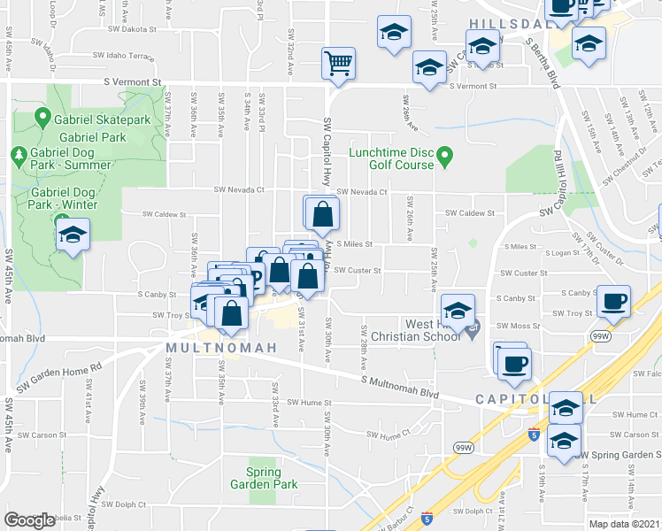 map of restaurants, bars, coffee shops, grocery stores, and more near 2939 Southwest Custer Street in Portland
