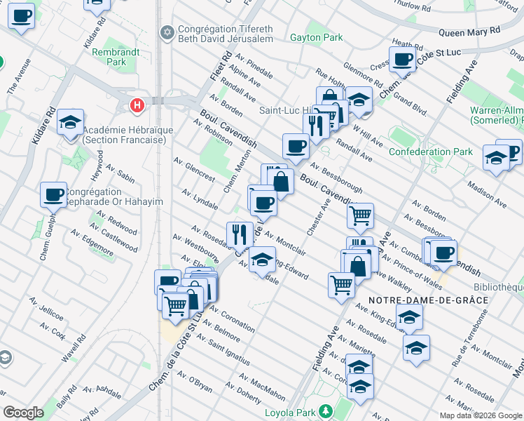 map of restaurants, bars, coffee shops, grocery stores, and more near Chemin de la Côte-Saint-Luc in Côte Saint-Luc