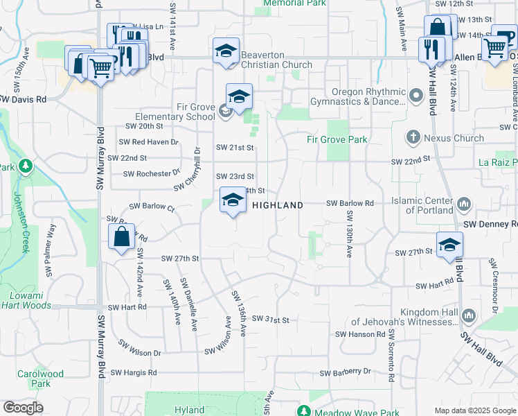 map of restaurants, bars, coffee shops, grocery stores, and more near 7000 Southwest Wilson Avenue in Beaverton