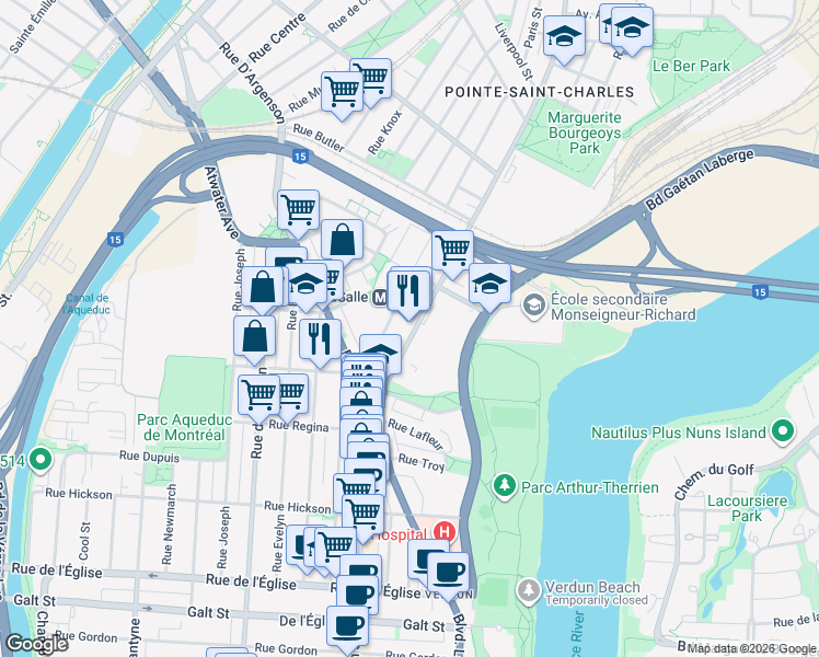 map of restaurants, bars, coffee shops, grocery stores, and more near 3347 Rue Wellington in Montréal