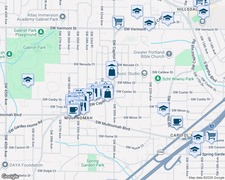map of restaurants, bars, coffee shops, grocery stores, and more near 7515 Southwest Capitol Highway in Portland