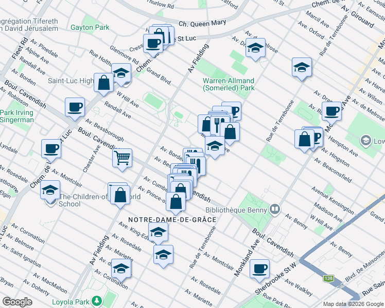 map of restaurants, bars, coffee shops, grocery stores, and more near in Montreal