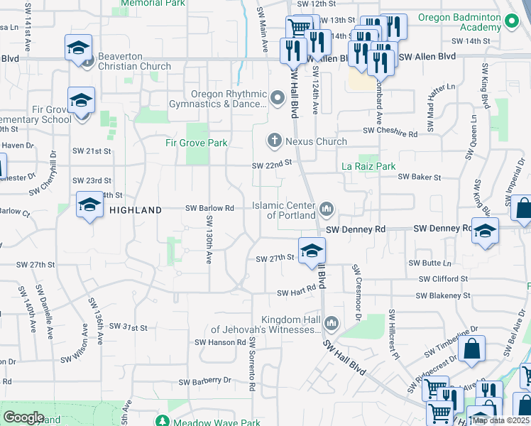 map of restaurants, bars, coffee shops, grocery stores, and more near 6975 Southwest Larkspur Place in Beaverton