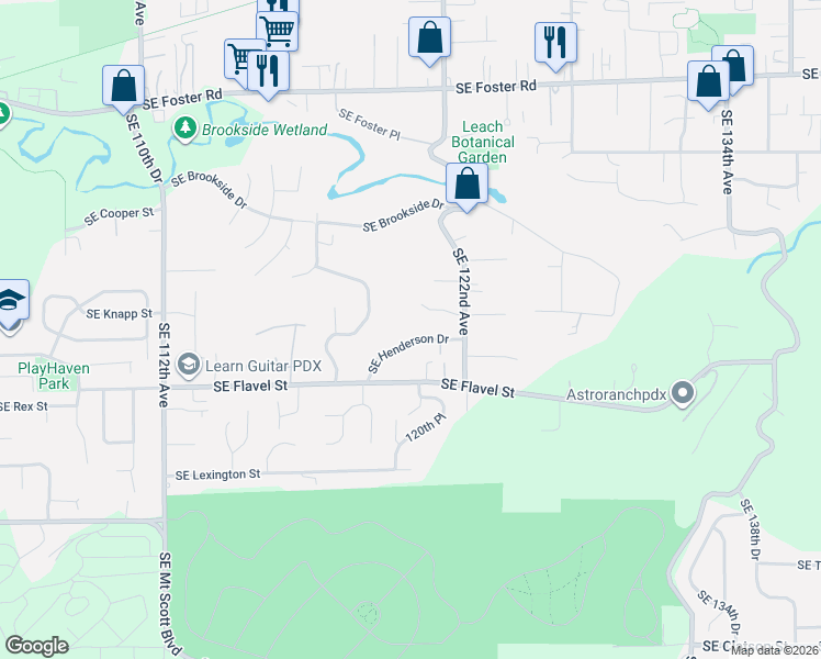 map of restaurants, bars, coffee shops, grocery stores, and more near 12119 Southeast Henderson Drive in Portland