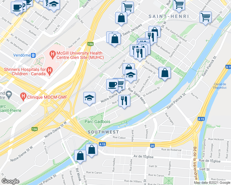 map of restaurants, bars, coffee shops, grocery stores, and more near 5071 Rue Notre-Dame Ouest in Montréal